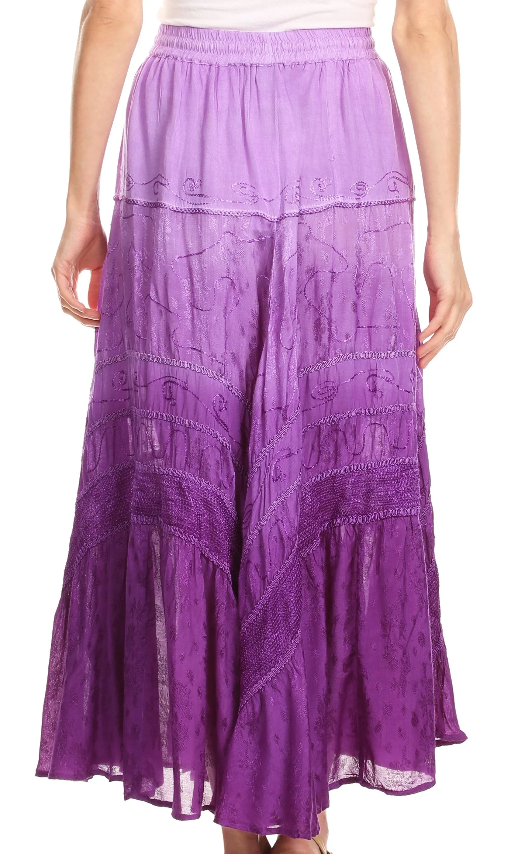 Sakkas Alber Adjustable Waist Boho Skirt With Detailed Embroidery With Ruffle Trim