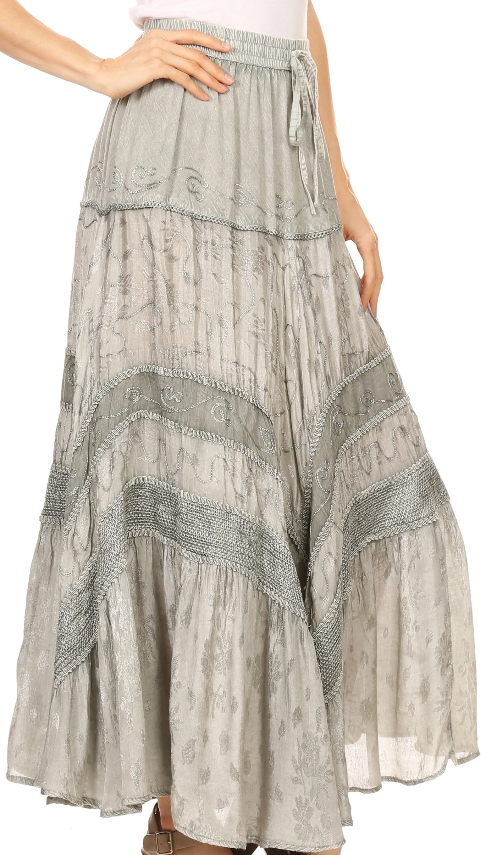 Sakkas Alber Adjustable Waist Boho Skirt With Detailed Embroidery With Ruffle Trim