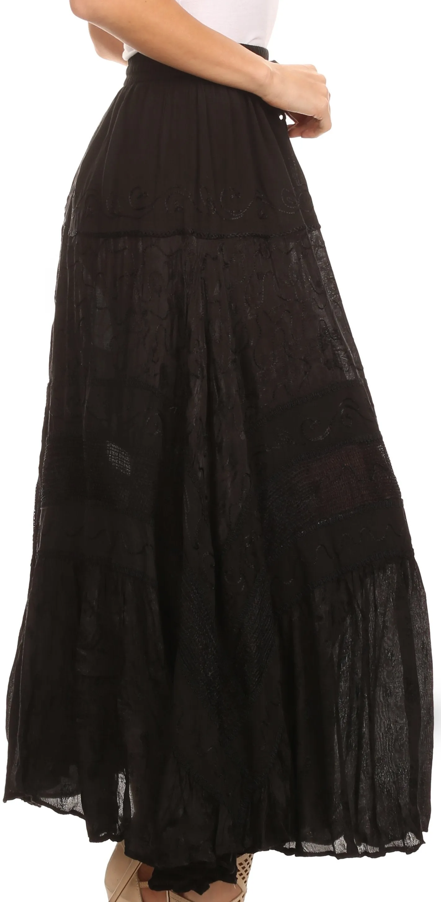 Sakkas Alber Adjustable Waist Boho Skirt With Detailed Embroidery With Ruffle Trim