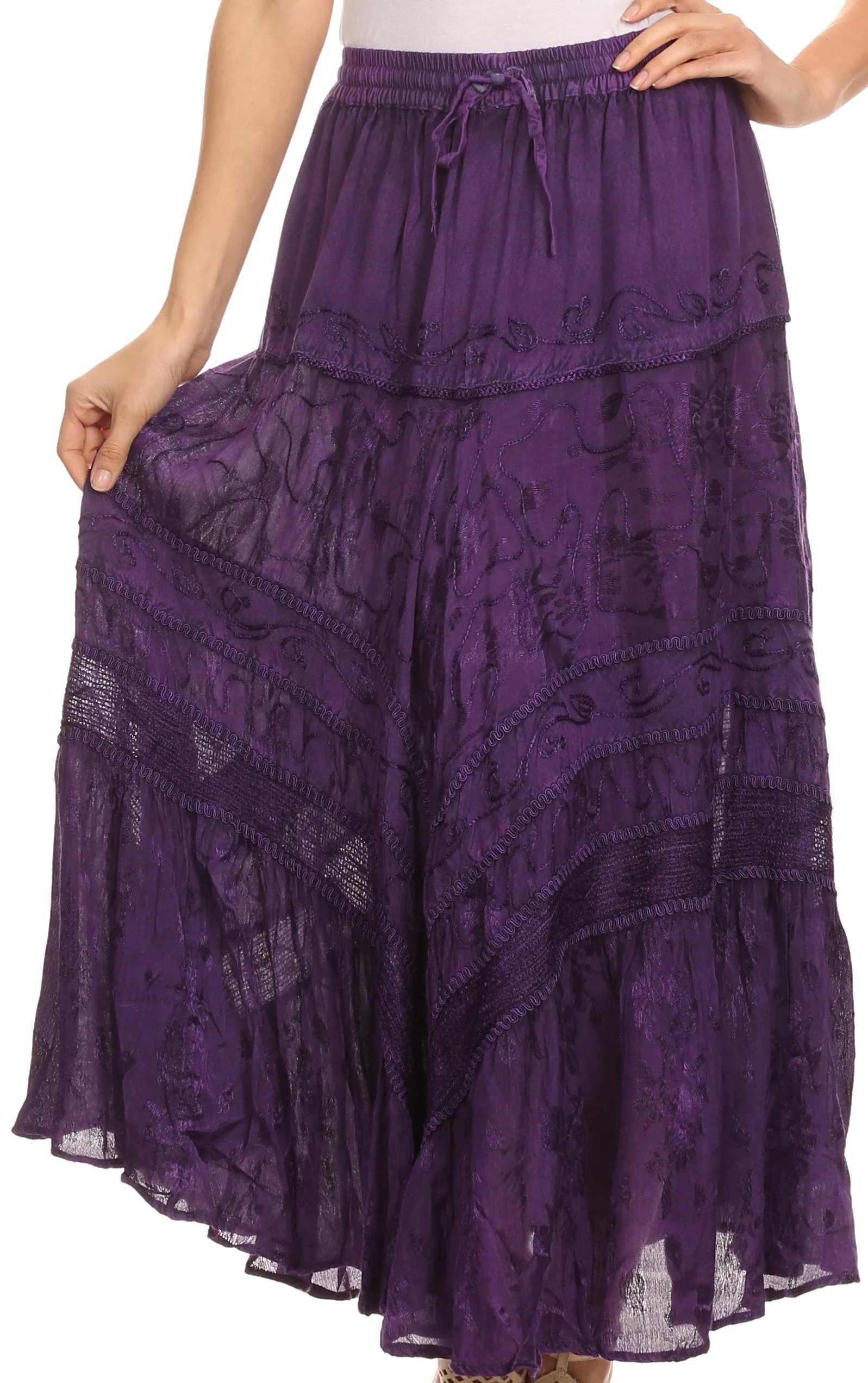 Sakkas Alber Adjustable Waist Boho Skirt With Detailed Embroidery With Ruffle Trim