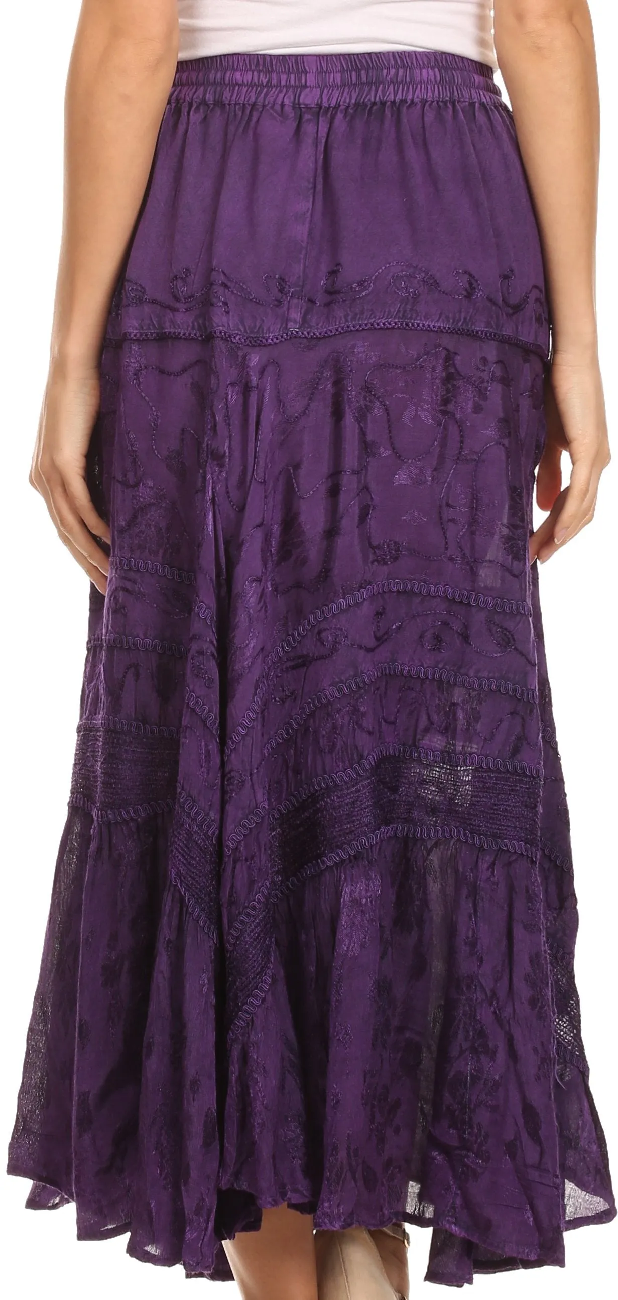 Sakkas Alber Adjustable Waist Boho Skirt With Detailed Embroidery With Ruffle Trim