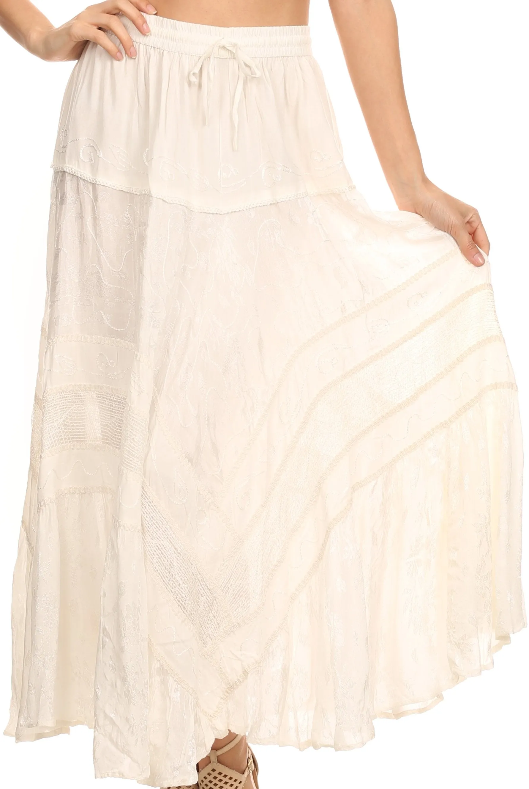 Sakkas Alber Adjustable Waist Boho Skirt With Detailed Embroidery With Ruffle Trim