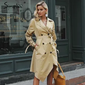 Simplee  Double breasted khaki outerwear coats Irregular long trench coat womenSash ruched casual outwear autumn winter 2018