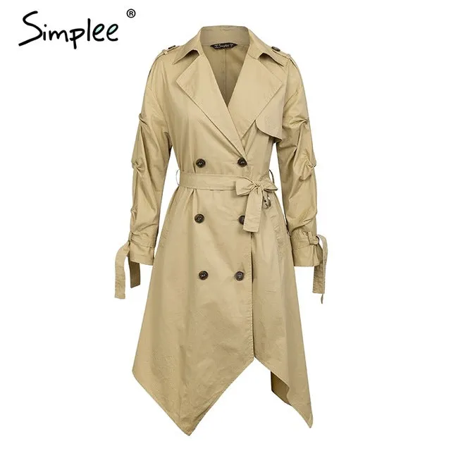 Simplee  Double breasted khaki outerwear coats Irregular long trench coat womenSash ruched casual outwear autumn winter 2018