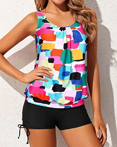 Stylish And Modest Two Piece Tankini Blouson Top And Boyshorts-Aqua