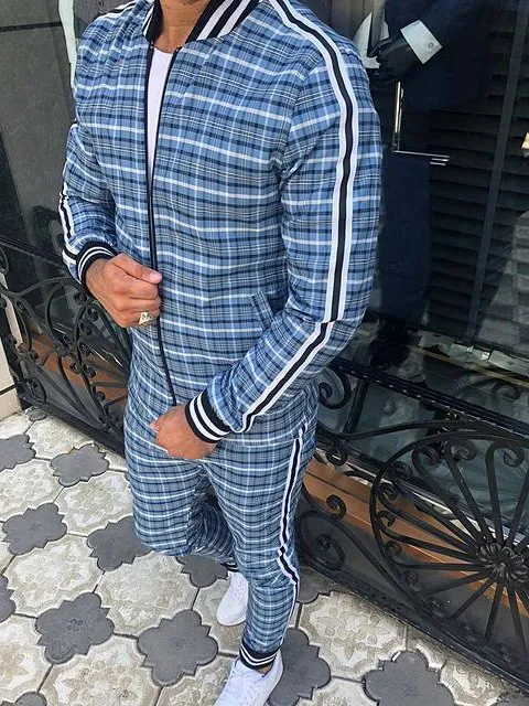 Stylish Casual Blue Checkered Print Sports 2 Piece Set