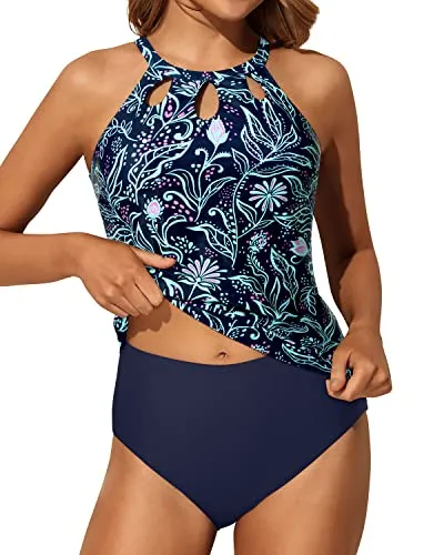 Stylish Keyhole Design Tummy Control Tankini Bathing Suit-Blue Floral