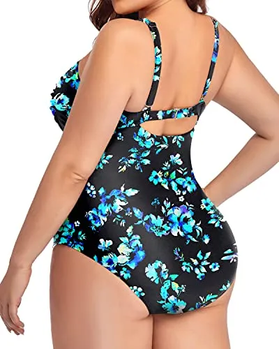 Stylish Tummy Control Swimwear Plus Size Twist Front Ruched One Piece Swimsuits for Women