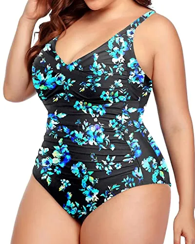 Stylish Tummy Control Swimwear Plus Size Twist Front Ruched One Piece Swimsuits for Women