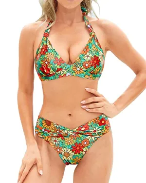 Stylish Vintage Swimwear Women's Push Up Halter Bikini Set