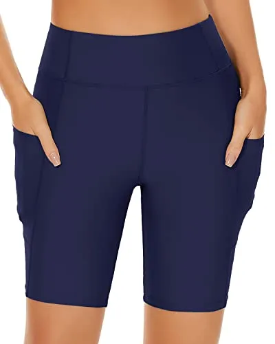 Upf 50  Tummy Control High Waisted Long Swim Shorts For Women-Navy Blue