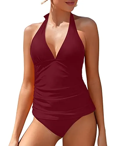 V Neck Halter Tankini Top With Bikini Bottom For Women-Maroon