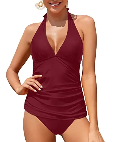 V Neck Halter Tankini Top With Bikini Bottom For Women-Maroon