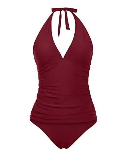 V Neck Halter Tankini Top With Bikini Bottom For Women-Maroon