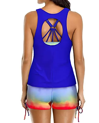 Womens Athletic Tankini Swimsuits Shorts And Bra And Boyshorts-Royal Blue Tie Dye