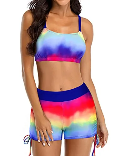 Womens Athletic Tankini Swimsuits Shorts And Bra And Boyshorts-Royal Blue Tie Dye