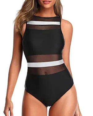 Women's Open Back High Neck One Piece Swimsuits Stylish Mesh Swimwear