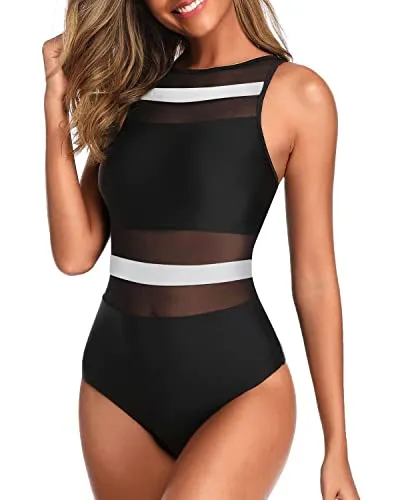 Women's Open Back High Neck One Piece Swimsuits Stylish Mesh Swimwear